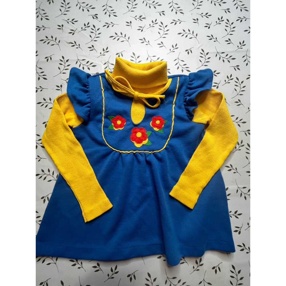 Vintage rare 70s Carters Girls 5 Blue Yellow Floral Ruffle Knit shirt mock neck